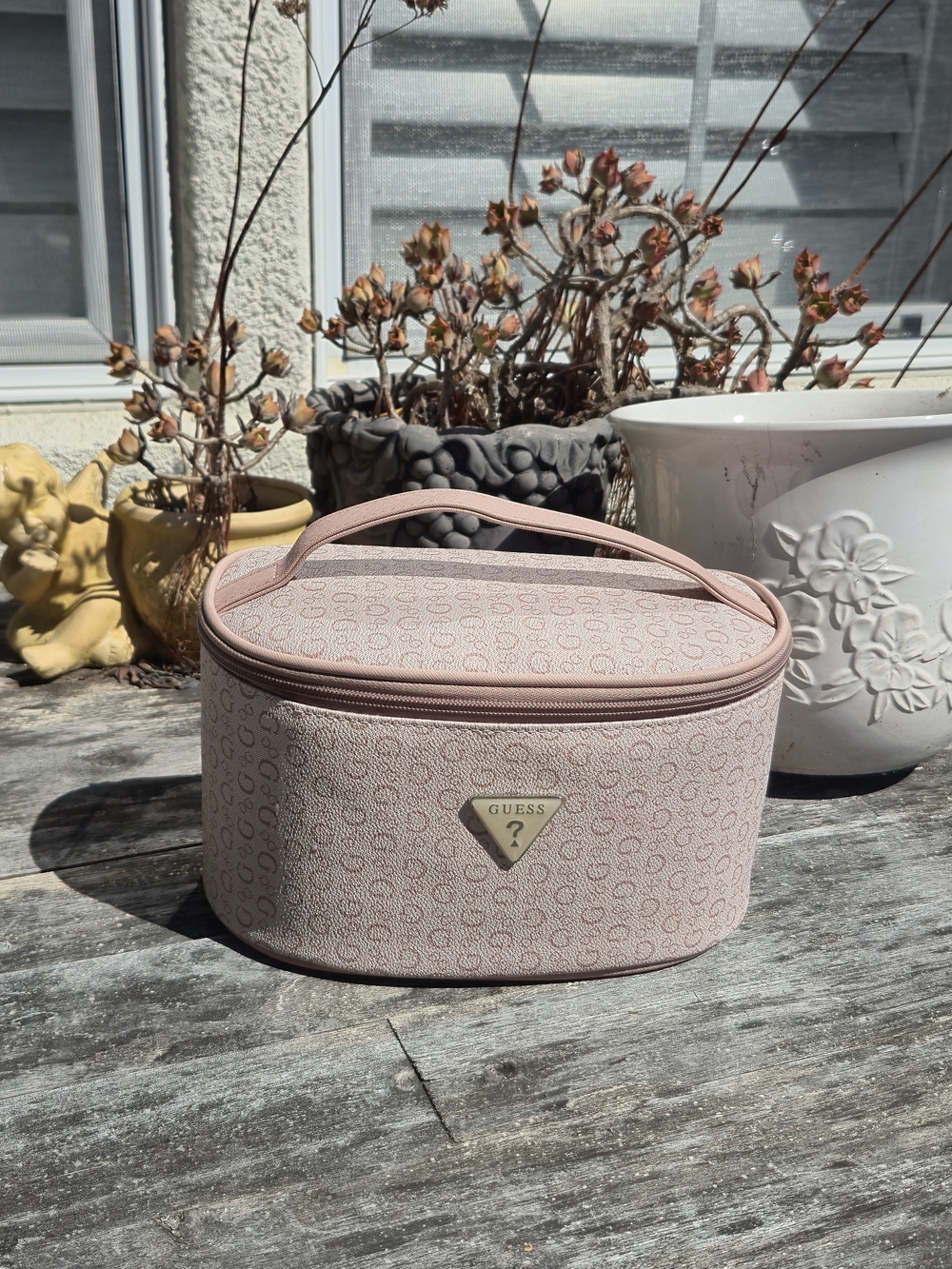 GUESS Blush Pink Logo-Print Cosmetic Case with Top Handle